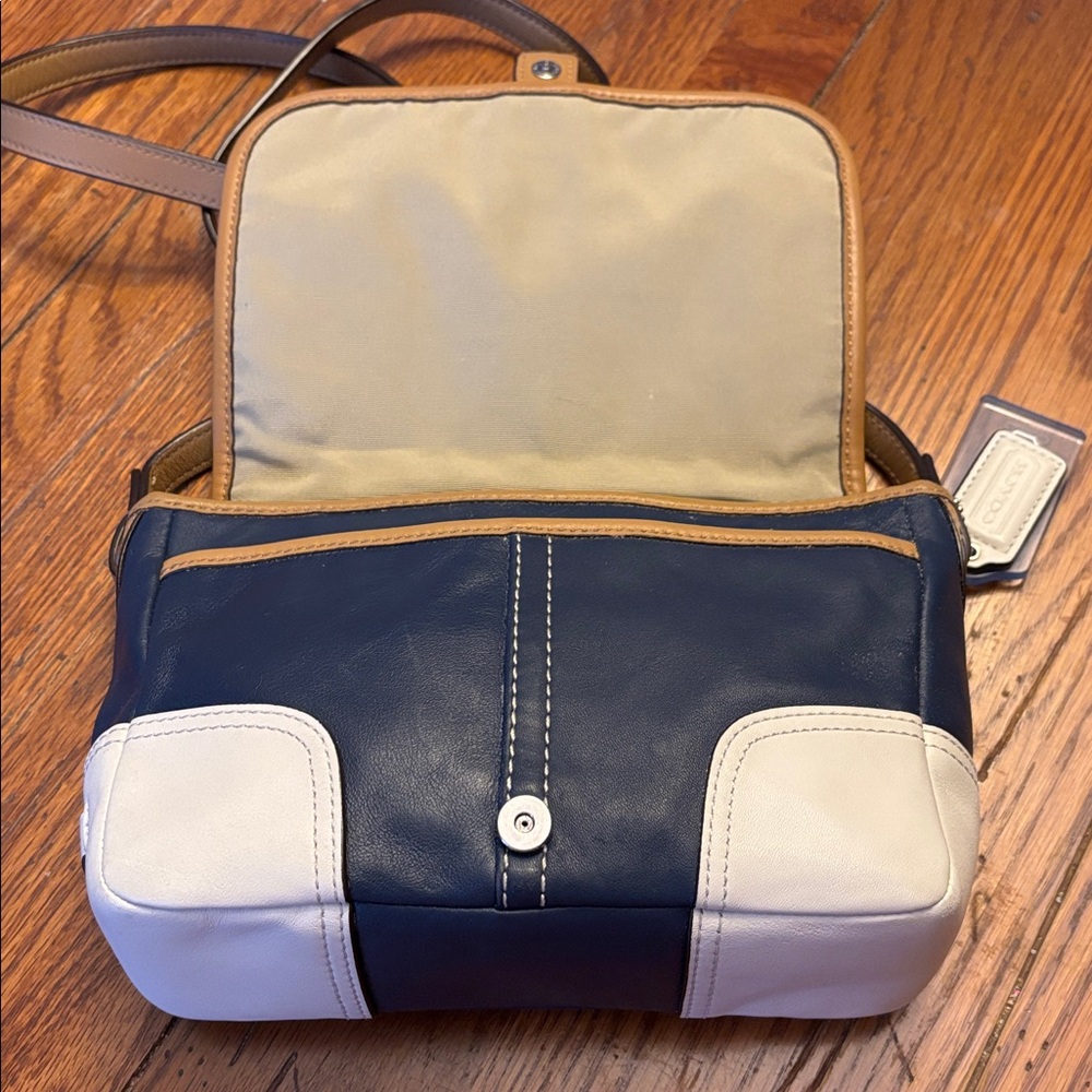 Coach Navy, White & Tan Leather Crossbody Bag - Picture 10 of 12
